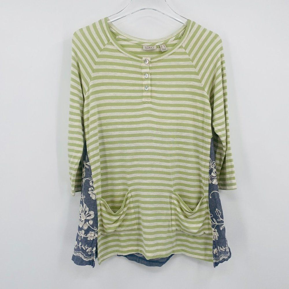 LOGO Lori Goldstein Size XS Green Striped Slub Henley Top with Floral Embroidery